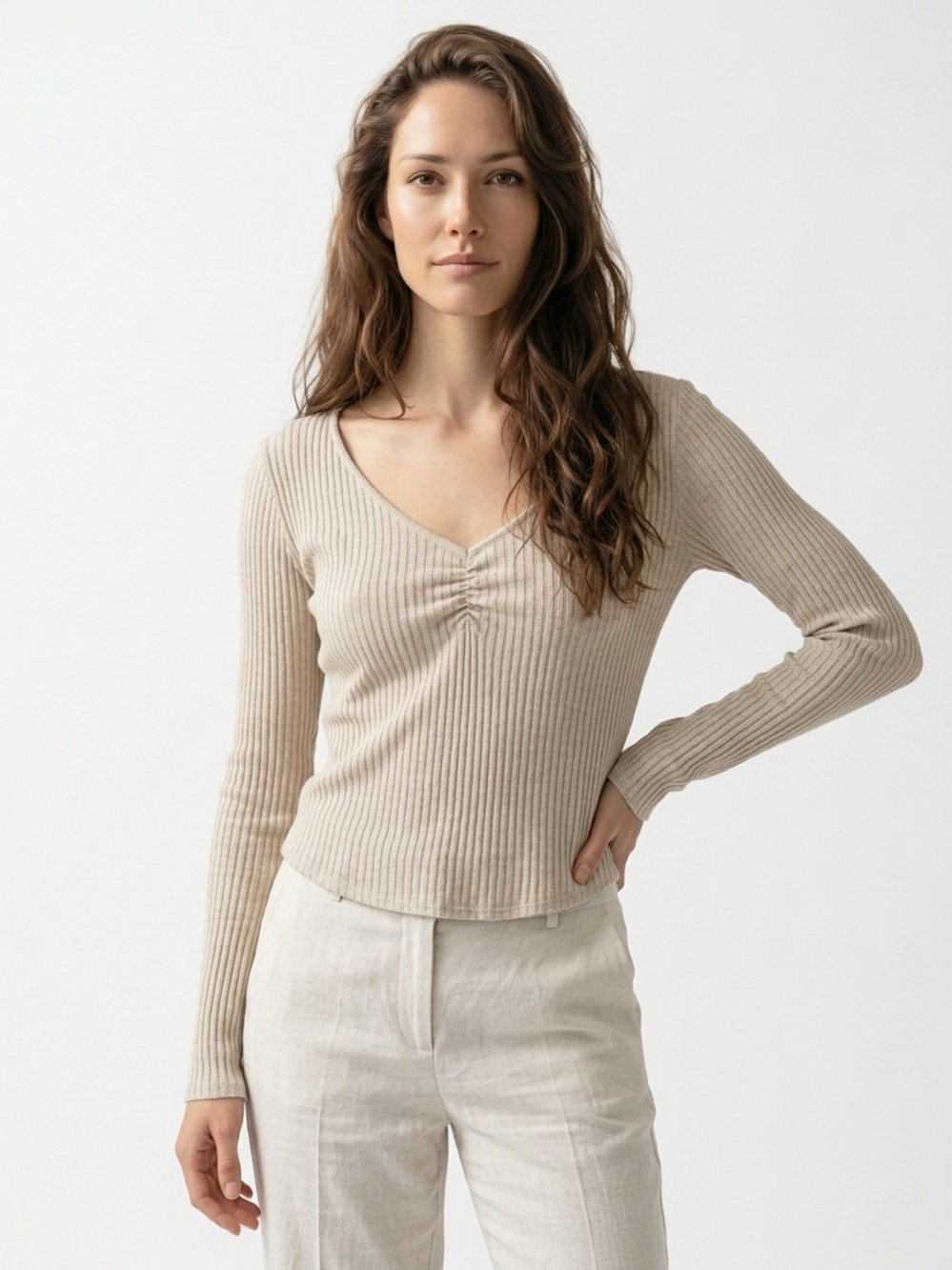 ANTHROPOLOGIE | T.LA Ribbed V-Neck Long Sleeve Top in Beige Women’s Size XS